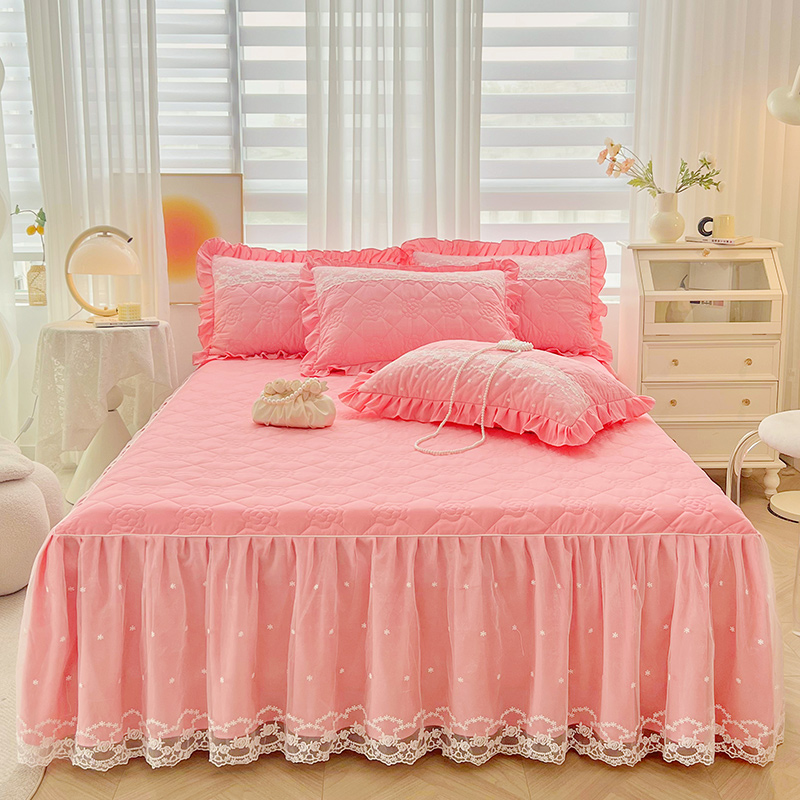 韩式夹棉加厚蕾丝花边单件床裙纯色床罩套带裙边床单床盖四季通用