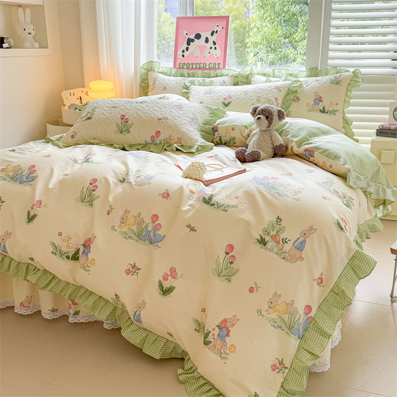 全棉夹棉床裙式四件套床上用品新款纯棉床罩床盖带花边被套四季款