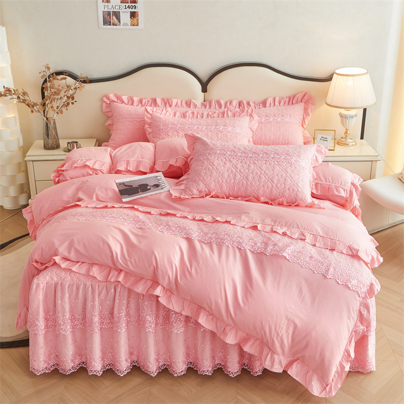 全棉夹棉蕾丝床裙式四件套床上用品纯棉公主风加厚款床罩双人被套