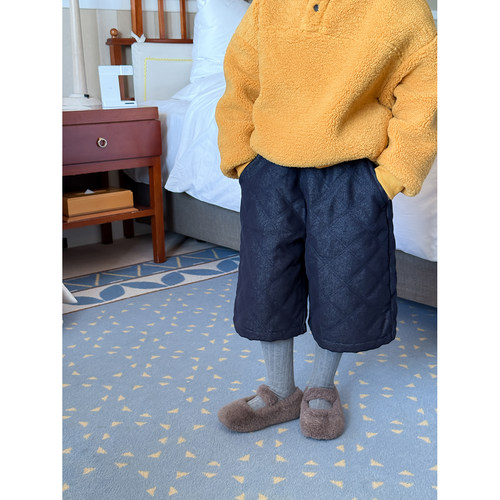 菱形格夹棉牛仔裤女童八分长裤