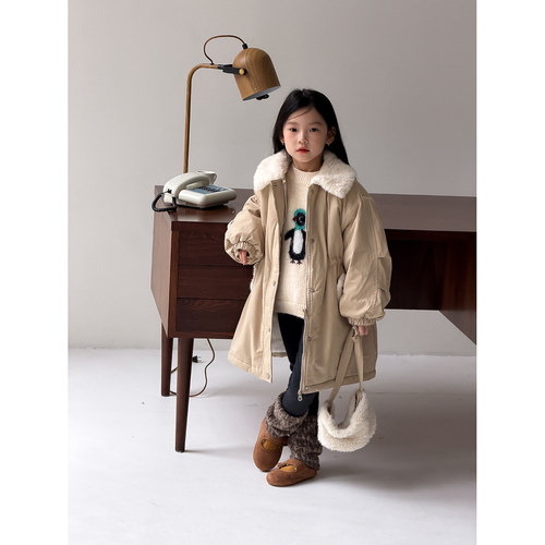 Harper kids 韩版毛翻领抽绳中长款棉风衣外套配包包 H25A851060