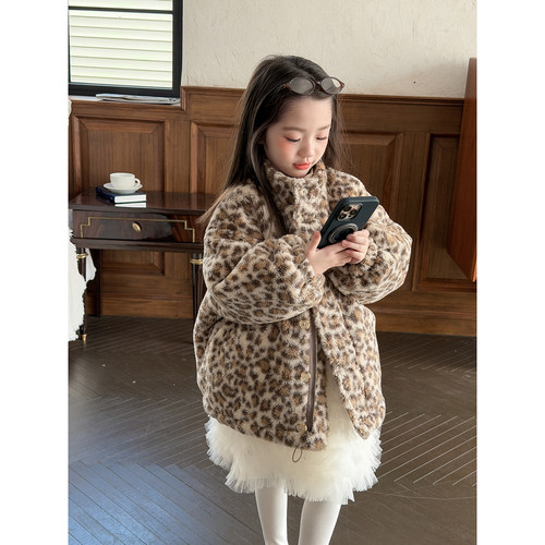 韩版休闲洋气豹纹羊羔毛外套女童