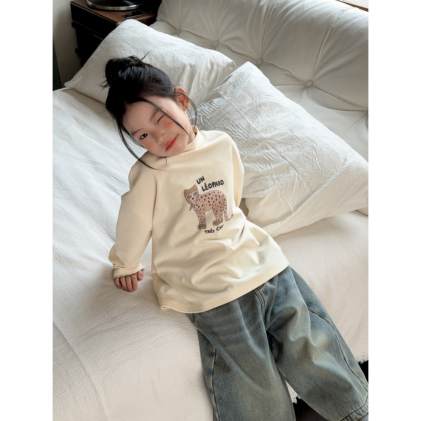 童装豹纹猫咪印半高领t恤女童冬