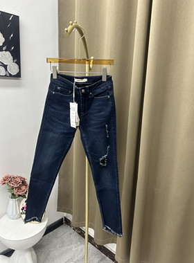 2025春季新款破洞弹力紧身牛仔裤女显瘦毛边小脚铅笔裤毛边中腰