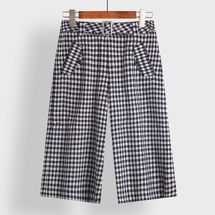 女装格子毛呢阔腿6分裤裙裤