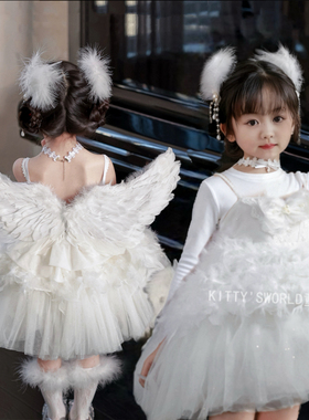 kw家女童公主裙婚纱花童吊带蓬蓬裙羽毛小天使翅膀洛丽塔生日裙