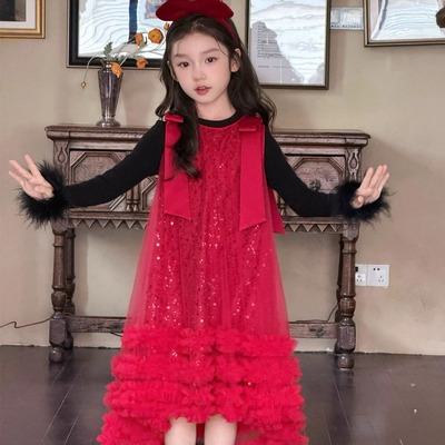 女童红色亮片连衣裙公主蛋糕裙