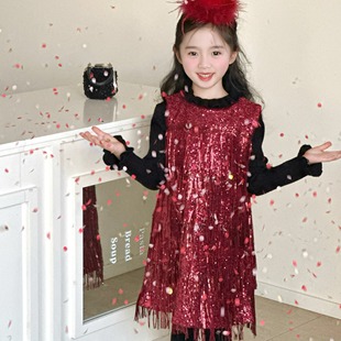 kw家女童新红色亮片流苏连衣裙千金风无袖生日礼服裙加绒拜年服
