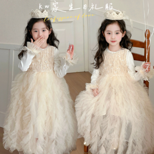 kw家女童香槟色亮片蕾丝连衣裙生日礼服公主裙蓬蓬蛋糕裙网纱裙