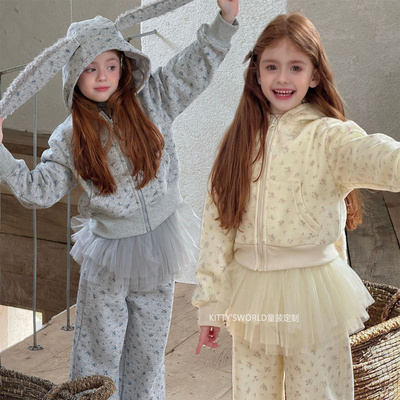 现货女童小兔子加绒套装碎花连帽卫衣冬宽松休闲兔耳朵拉链两件套