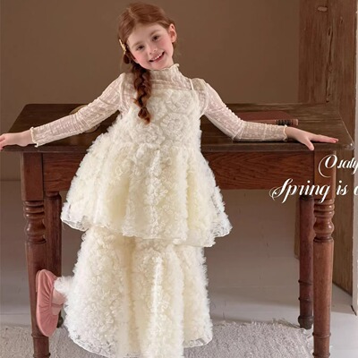 女童春夏奶白甜美网纱公主裙