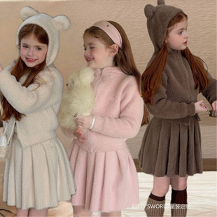 kw家女童仿貂毛连帽套装 毛衣半身裙两件套 小熊耳朵连帽拉链开衫
