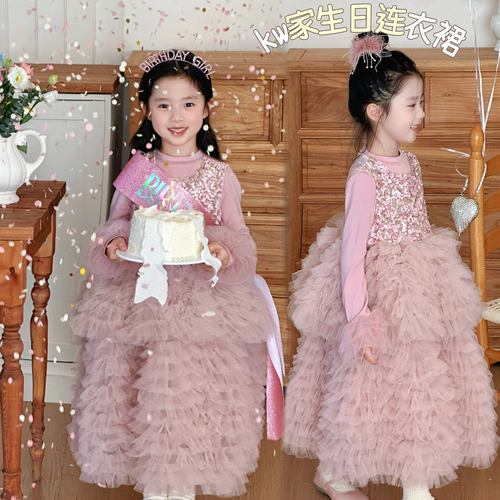 女童粉色亮片公主裙网纱蓬蓬