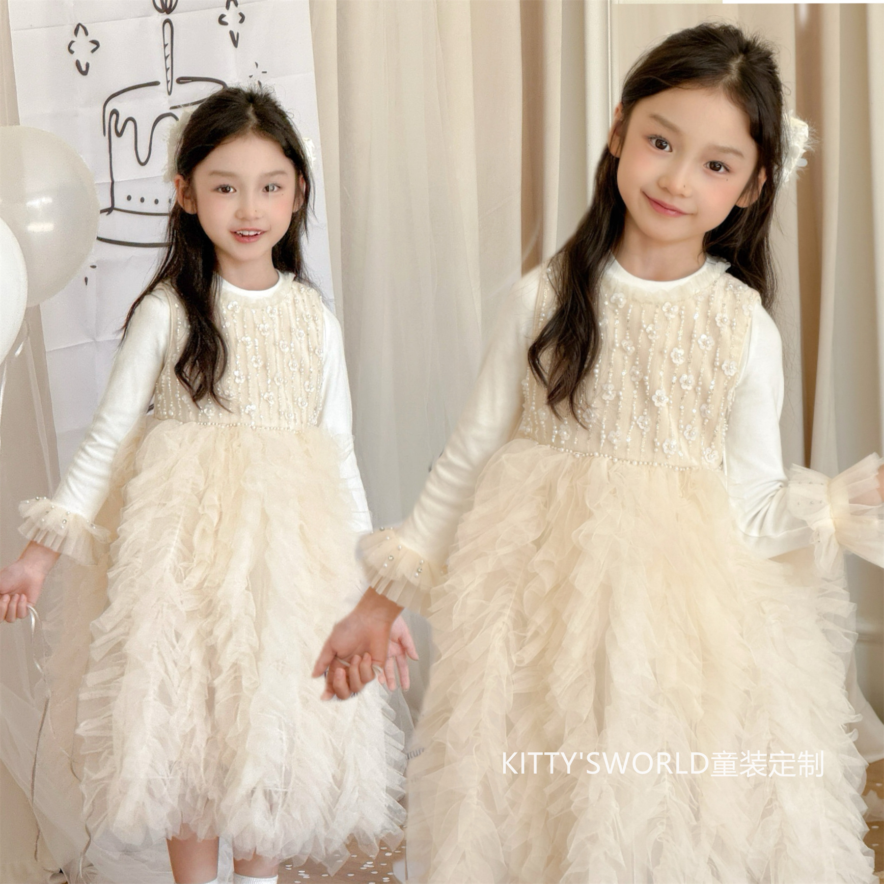 女童香槟色亮片蕾丝连衣裙