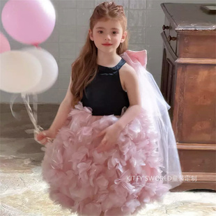 kw家女童粉色千金风挂脖连衣裙儿童立体花朵蝴蝶结网纱生日礼服