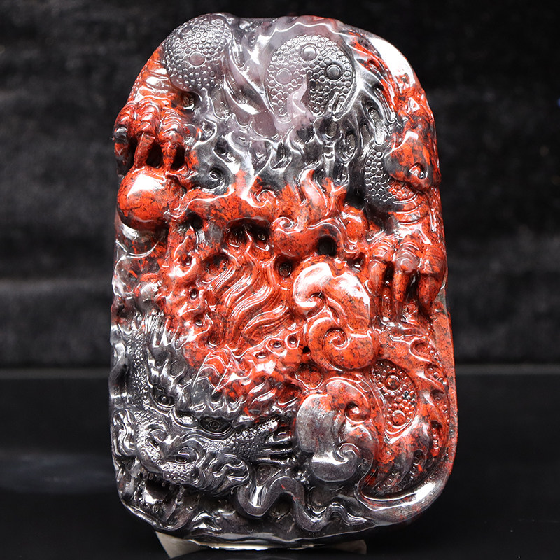天然玉石挂件桂林鸡血玉石 乾坤料黑底红男士龙牌73*46*14mm 84g