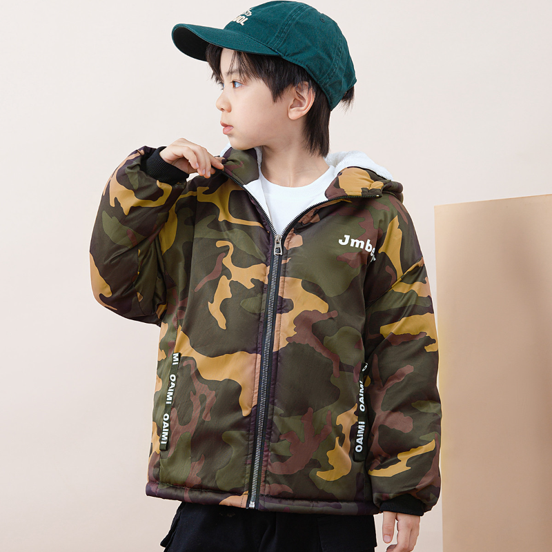 杰米熊童装2024百搭加厚加绒冬款迷彩风衣