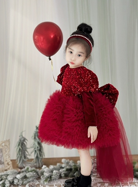 YFY冬女童红色亮片裙高级礼服蝴蝶结花童气质喜庆新年圣诞节加绒