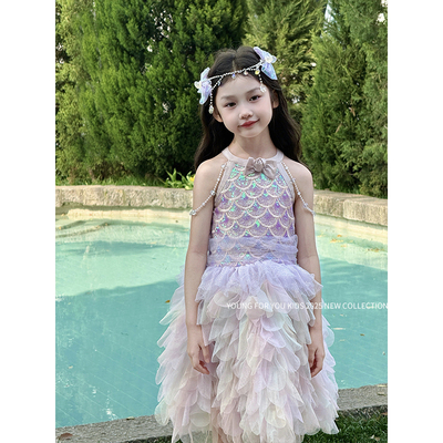 YFY女童夏季美人鱼挂脖公主裙纱裙连衣裙蛋糕蓬蓬裙闪闪生日六一