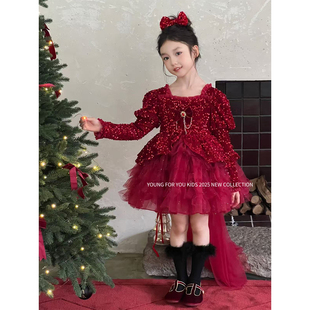 YFY秋冬女童红色喜庆蓬蓬裙连衣裙公主裙圣诞新年洛丽塔亮片闪闪