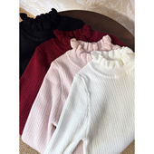 YFY女童羊毛打底花边领针织打底衫 女宝木耳边中领上衣 坑条修身
