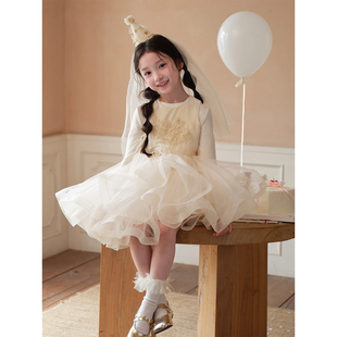 YFY女童奶杏生日礼服蓬蓬裙丝绒刺绣羽毛气质连衣裙公主裙