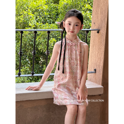 YFY女童新中式国风甜美挂脖旗袍裙儿童桃花仙子无袖连衣裙夏季