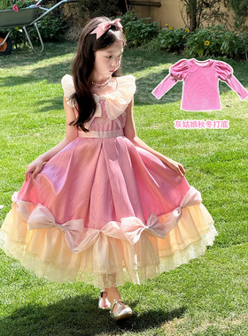 YFY女童粉色灰姑娘公主连衣裙蝴蝶结蓬蓬裙礼服高定款生日