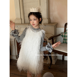 YFY秋冬女童氛围感生日礼服亮片流苏羽毛公主裙连衣裙背心裙
