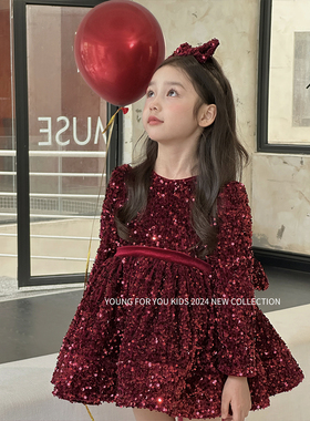 YFY冬女童亮片红色公主裙洛丽塔连衣裙表演拜年服新年服加绒