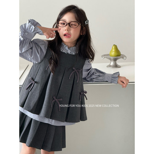 YFY秋季女童百褶裙学院风开学套装衬衫女童日系蝴蝶结气质背心裙