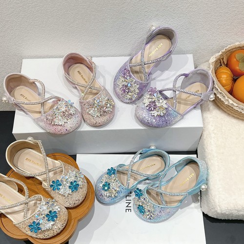女童艾莎公主鞋夏季水晶花朵凉鞋小女孩表演鞋平底魔术贴