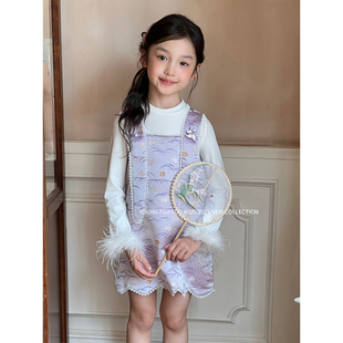 YFY秋冬女童中秋节旗袍小兔子古风中国风背心裙新中式紫气东升