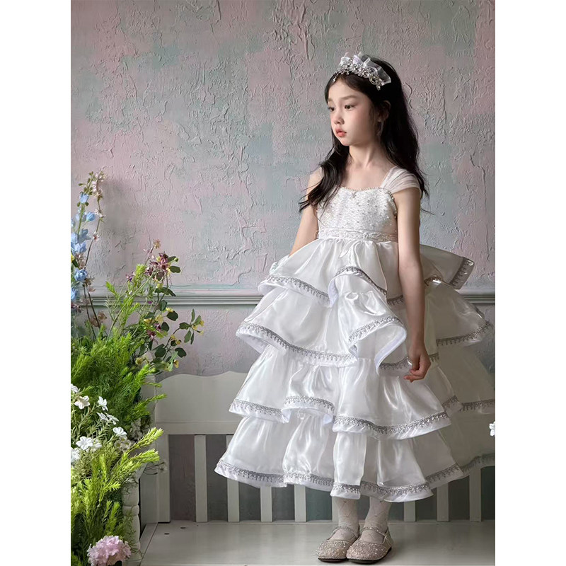 YFY春夏女童白色层层蛋糕裙天使公主裙连衣裙毕业表演服生日礼服图片