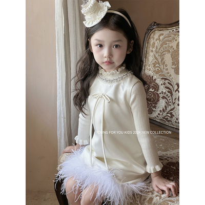 YFY秋冬女童生日礼服公主裙背心裙连衣裙鸵鸟毛香槟宝宝气质珍珠