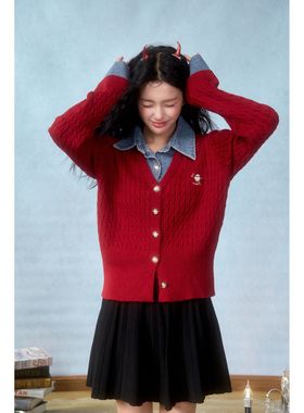 DUBZZY【港风俱乐部】潮牌设计师假两件毛织拼接牛仔上衣女M118S2