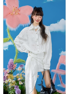 DUBZZY【花语星航】原创烧花绣花山茶花绑带衬衫连衣裙女L190S25Z