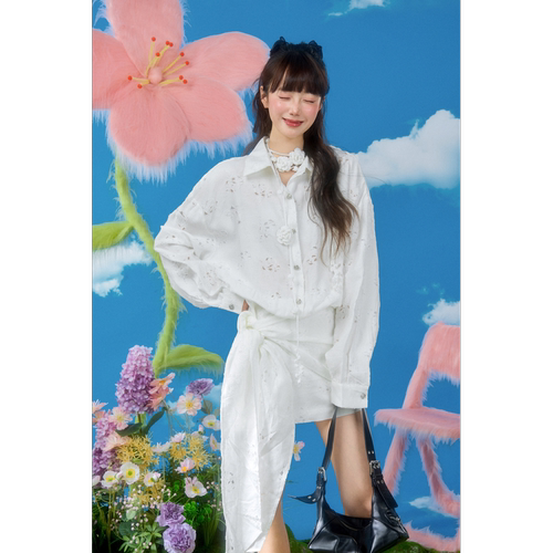 DUBZZY【花语星航】原创烧花绣花山茶花绑带衬衫连衣裙女L190S25Z