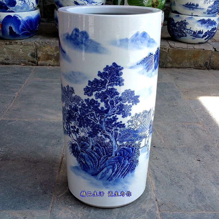 景德镇陶瓷青花瓷山水直筒大号花瓶字画筒书画卷轴缸雨伞桶插花筒