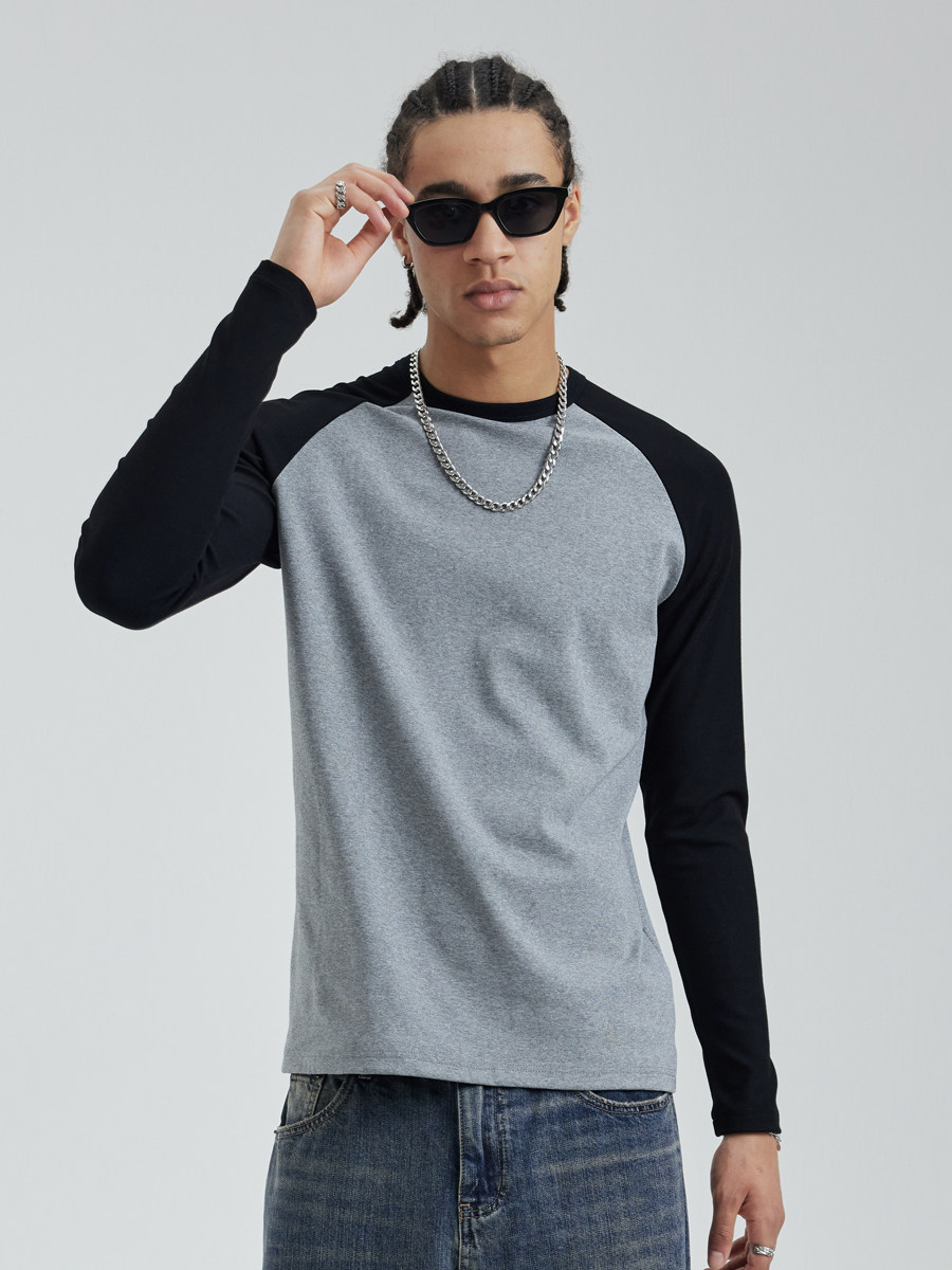 SlowGang美式拼色插肩长袖T恤男250G重磅弹力修身圆领打底上衣秋