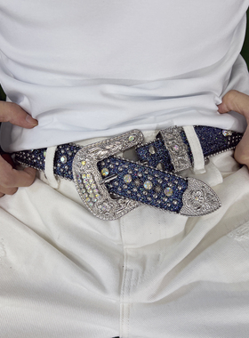 SlowGang嘻哈说唱歌手诺米同款朋克Drip满钻水钻铆钉腰带皮带男潮