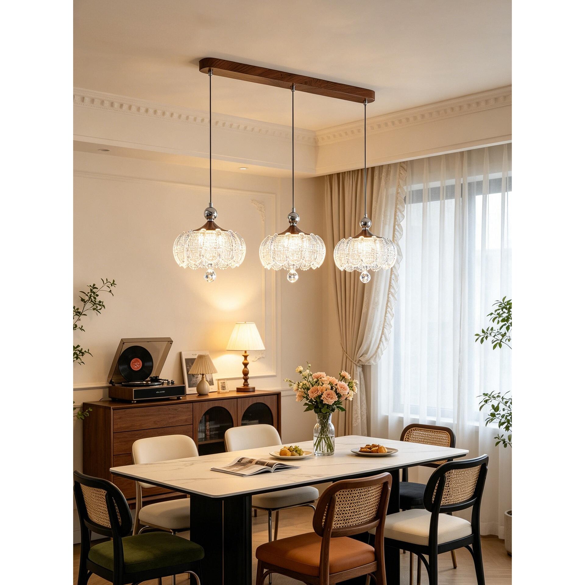 胡桃木中古风吊灯复古水晶玻璃餐厅灯法式创意餐桌吧台三头灯具