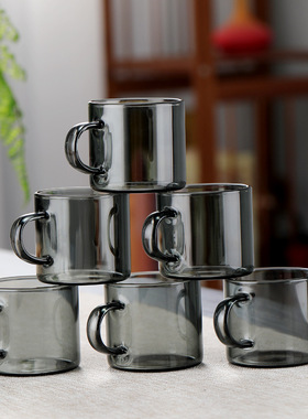 耐热玻璃小茶杯带把手功夫茶具家用品茶杯子带架烟灰色茶碗品茗杯