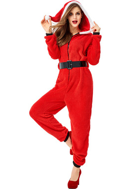 亚马逊新品 成人女款红色圣诞连帽连体裤装圣诞老人狂欢派对服装