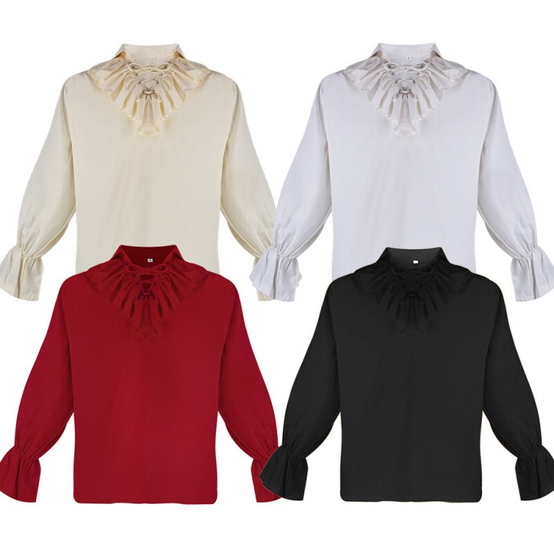 现货中世纪亚马逊爆款翻领褶皱蓬蓬袖上衣复古男纯色衬衣cos服