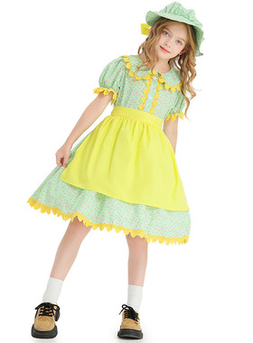 亚马逊外贸款式嫩绿色碎花鹅黄围裙连衣洋装田园农场写真摄影服装