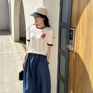 蛇年限定款 针织T恤女 重工亮片刺绣薄款 绵羊毛宽松撞色圆领短袖
