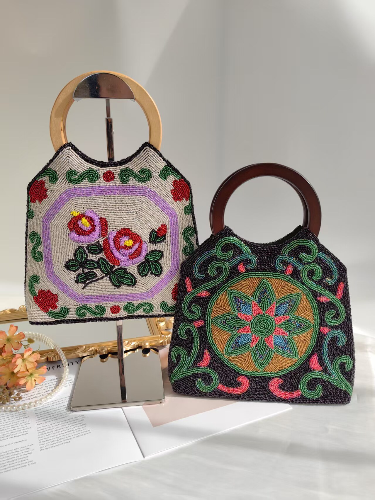 中古vintage手工钉珠包祥通用款女包