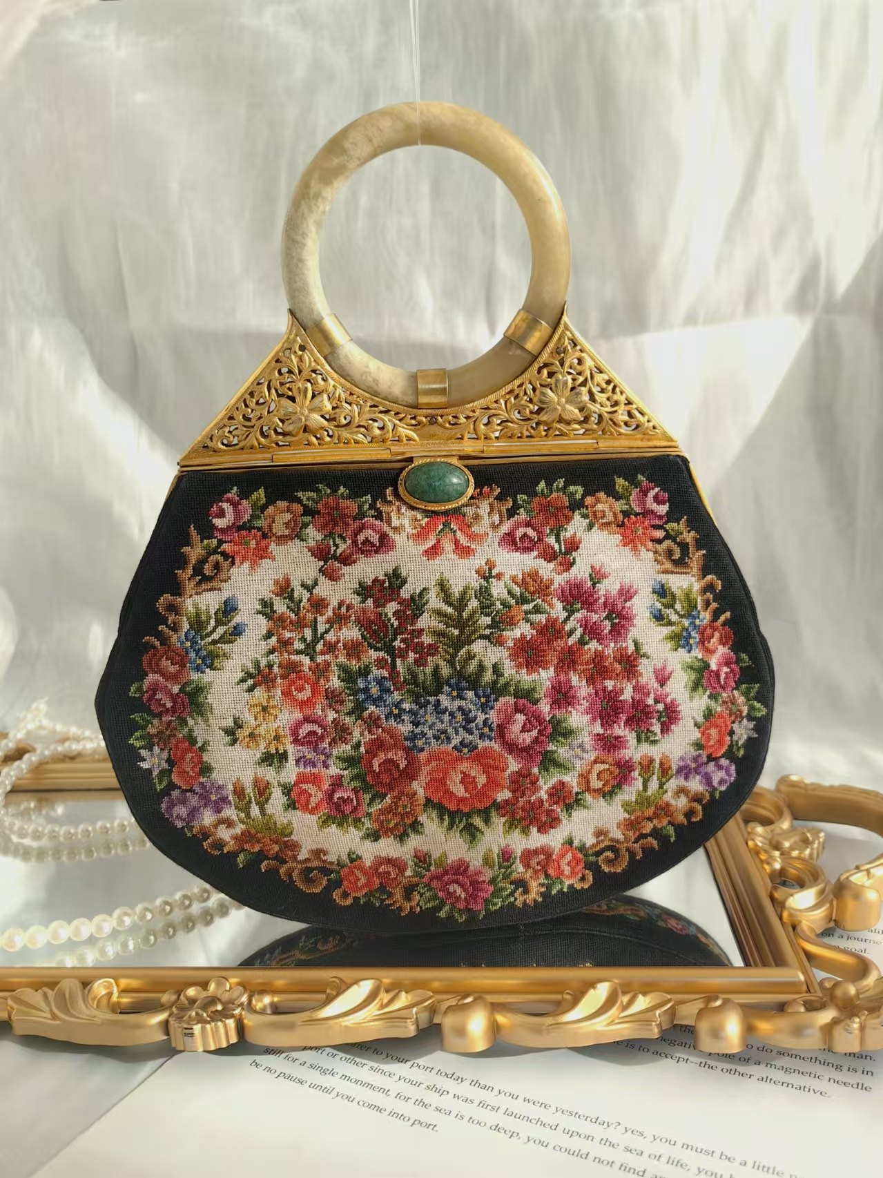 中古包vintage古着纳纱绣古董口金手提老绣绣花包