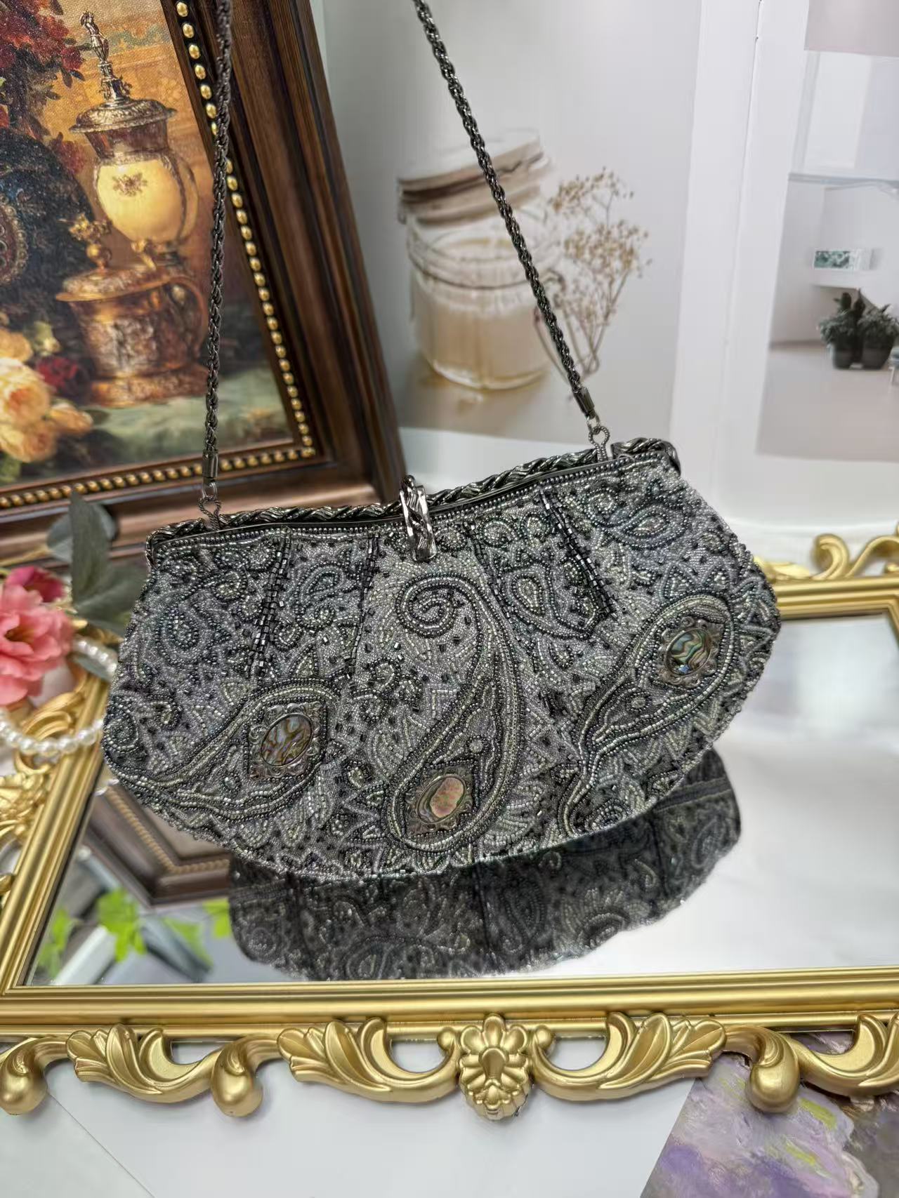 中古vintage珠绣手工包钉通用款女包
